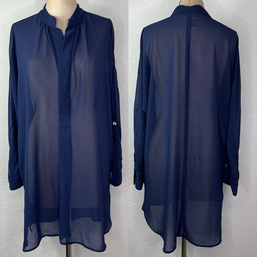 Tommy Bahama Sheer Chiffon Tunic Cover Up Long Sleeve, navy blue, size S, summer